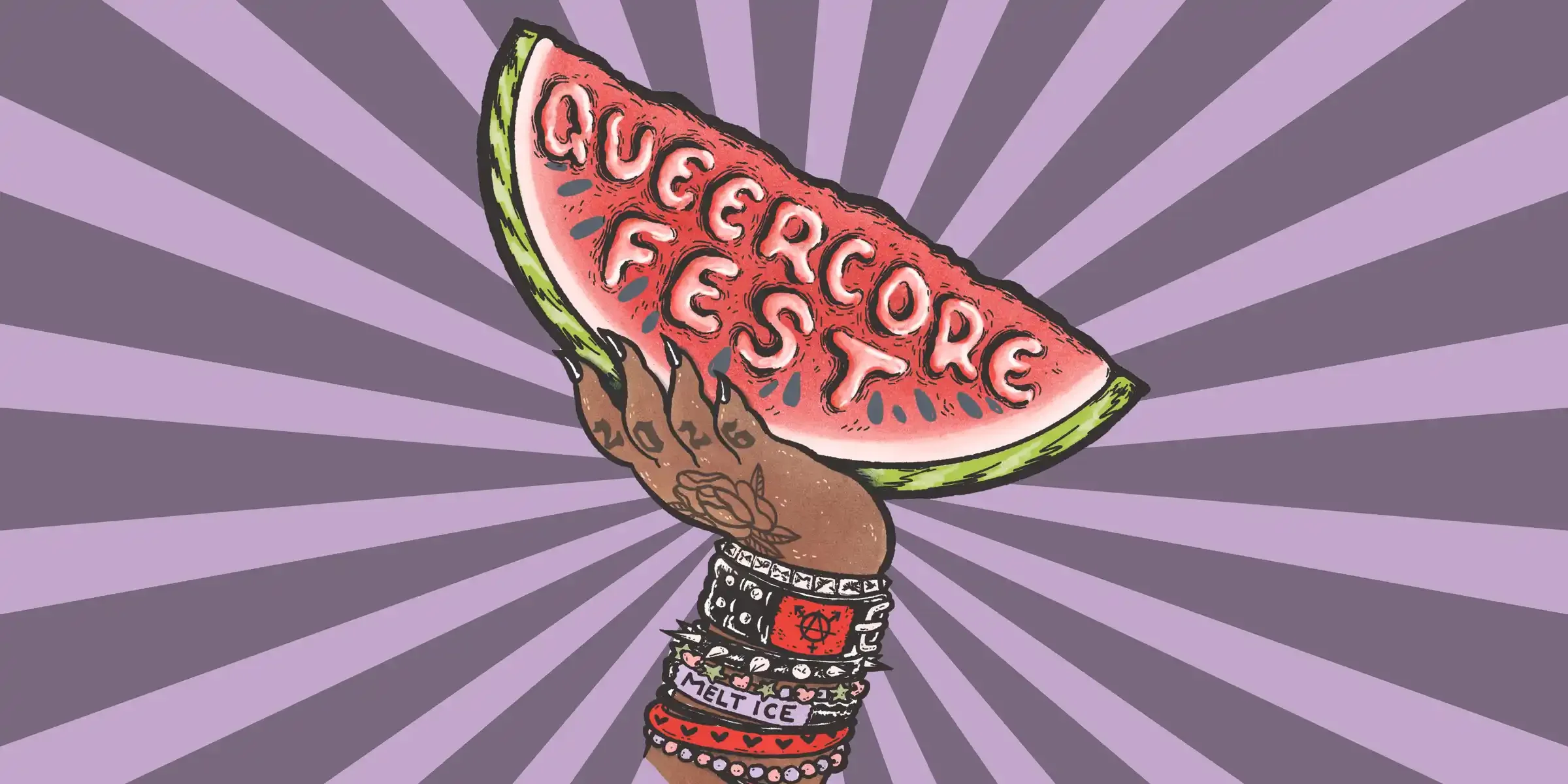 A Brown skinned hand holds a watermelon with the words QueerCore Fest carved into it. The wrist has many bracelets with leftist symbols on it including "Melt ICE" and the Anarchist symbol.