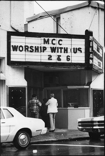  The entrance to the second location of the Metropolitan Community Church (MCC), one of the first gay-friendly churches in Atlanta.   Photo credit: Atlanta Journal-Constitution Photographic Archives. Special Collections and Archives, Georgia State Un