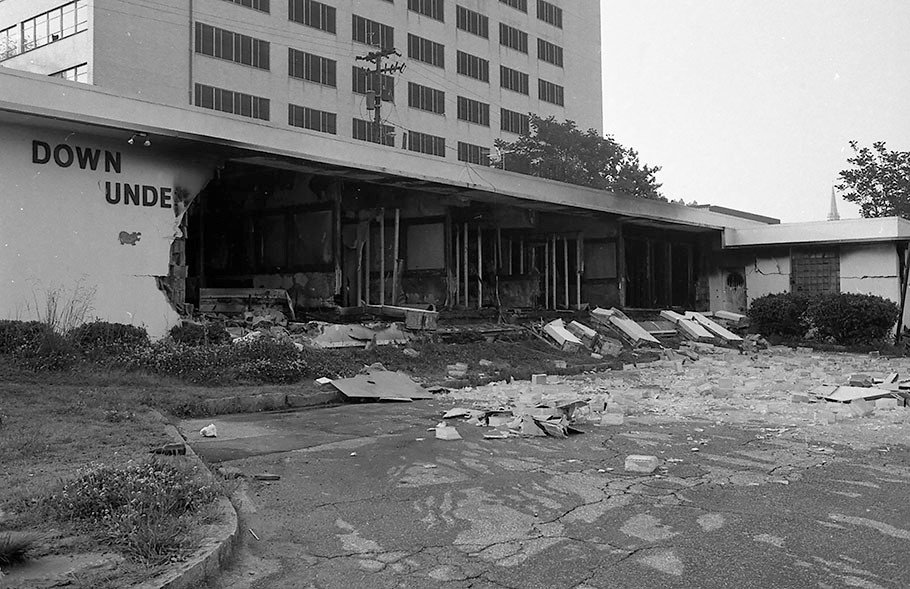  Down Under, a gay bookstore on Cypress Street, was bombed in an anonymous attack in 1980.  Photo credit: Atlanta Journal-Constitution Photographic Archives. Special Collections and Archives, Georgia State University Library 