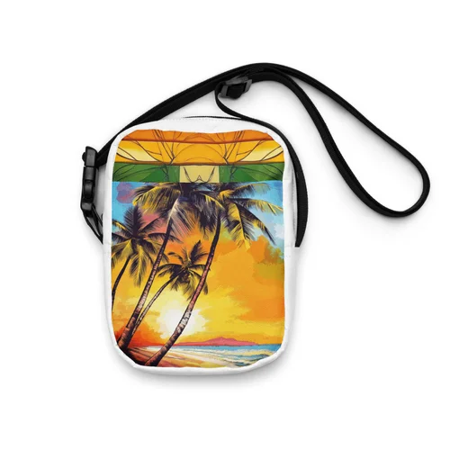 Utility crossbody bag printed with a palm tree sunset design, product photography