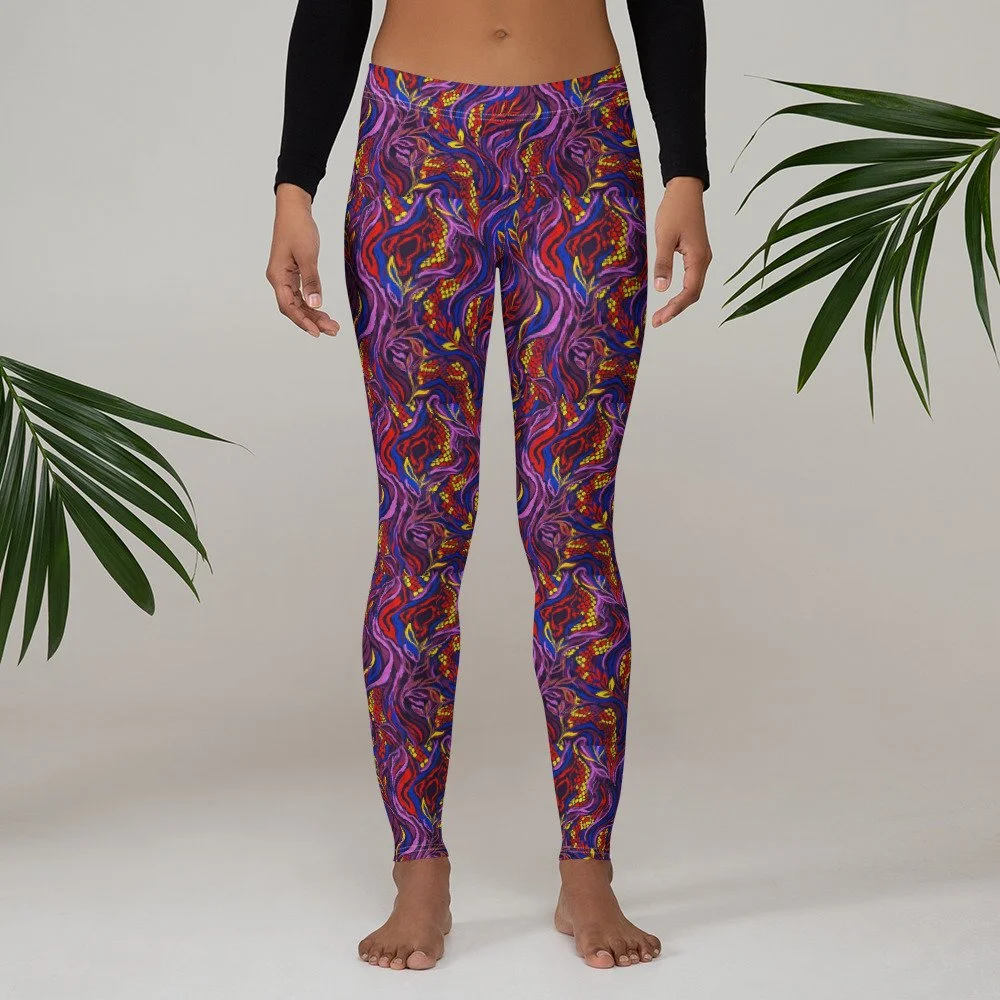 Abstract Botanical Python in Primary & Purple Hues - Leggings