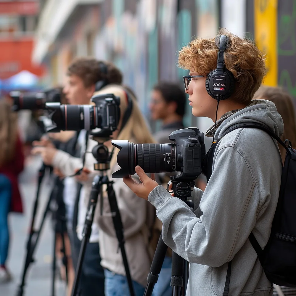 Photography students with cameras on tripods