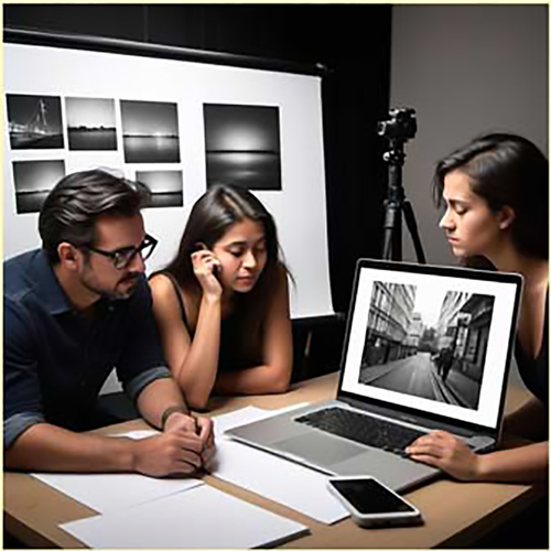 Photographer and client reviewing photos together during a project consultation