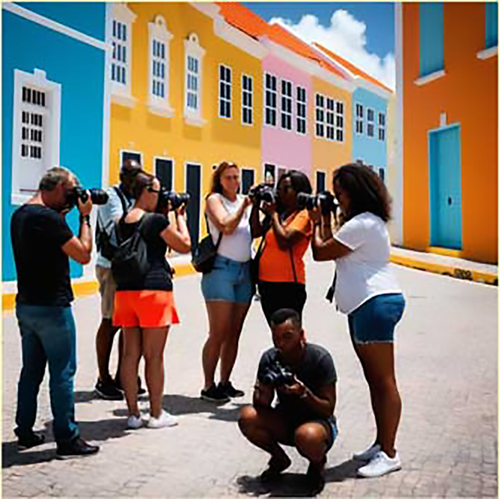 Group of photography workshop participants shooting on a colorful Curaçao street