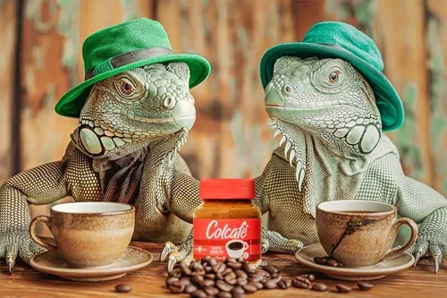 Two iguanas wearing hats seated at a table with coffee cups, styled commercial photography