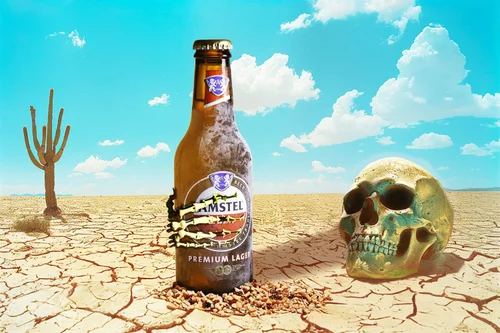 Amstel beer bottle staged beside a skull in the Curaçao desert, commercial product photography