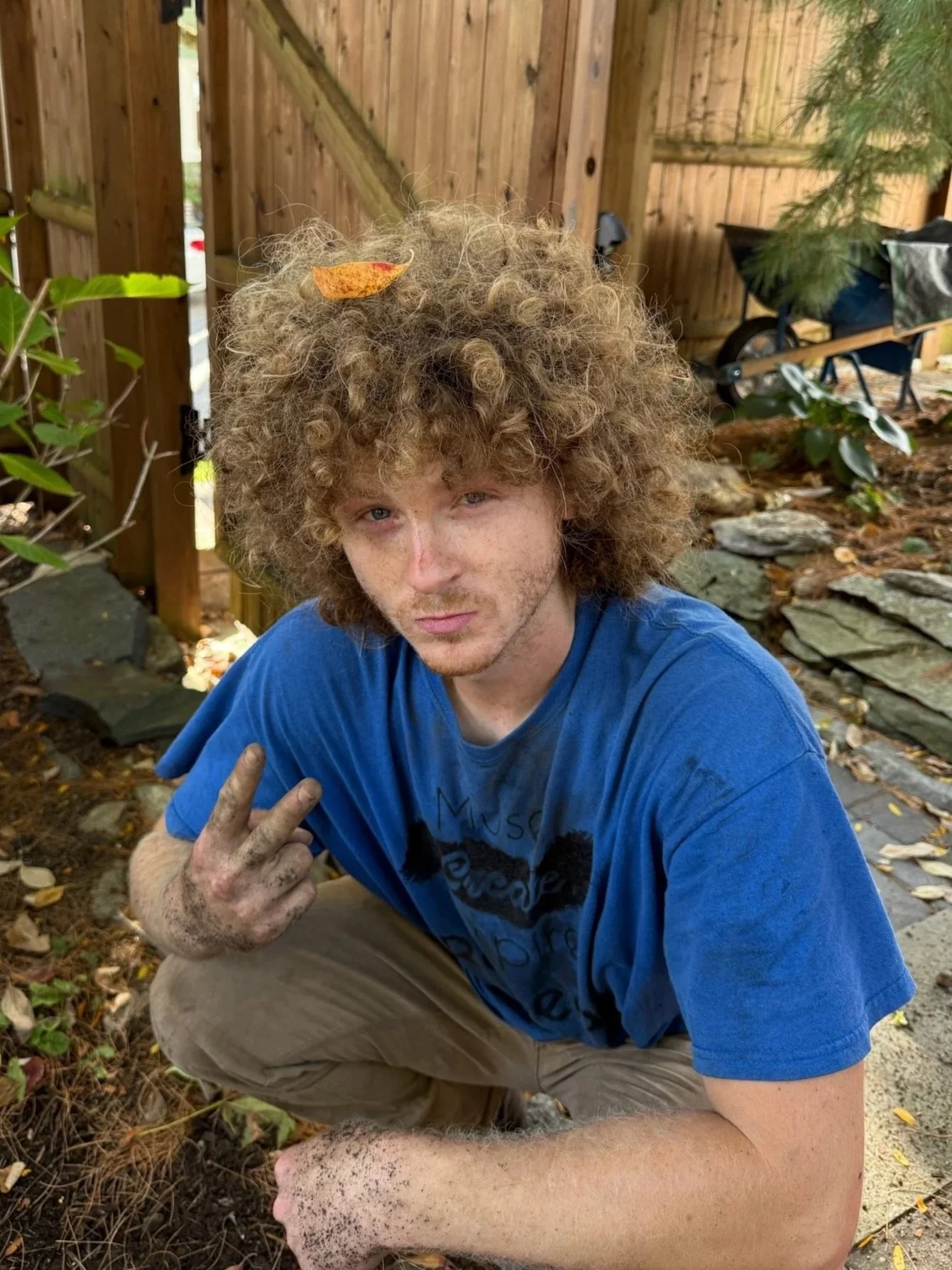 A young person with curly hair smiling, with a large green plant with variegated leaves and long stems next to their head.