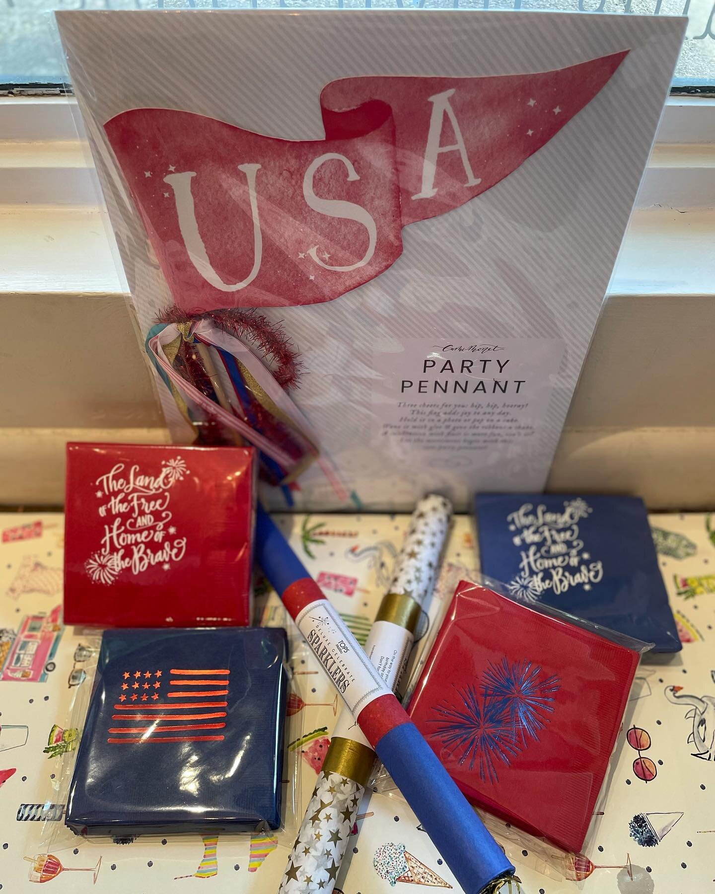 Napkins, sparklers and pendents galore! Stop by today or tomorrow for your last minutes details!! #happyfourth #paper