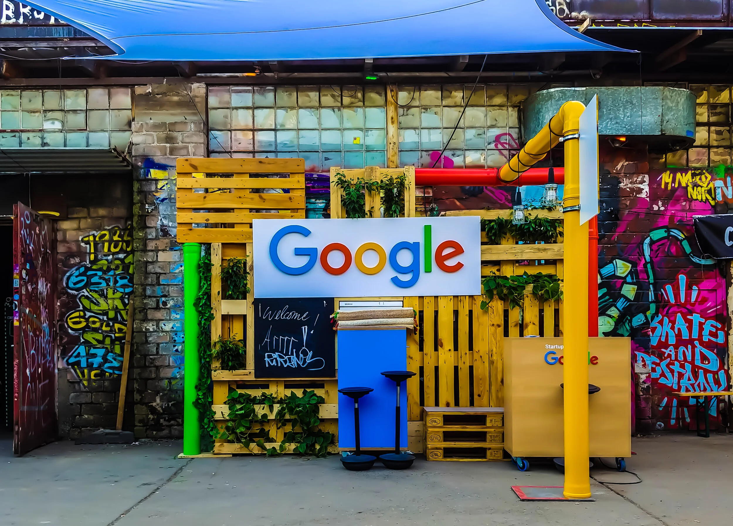Colourful outdoors furniture with Google logo