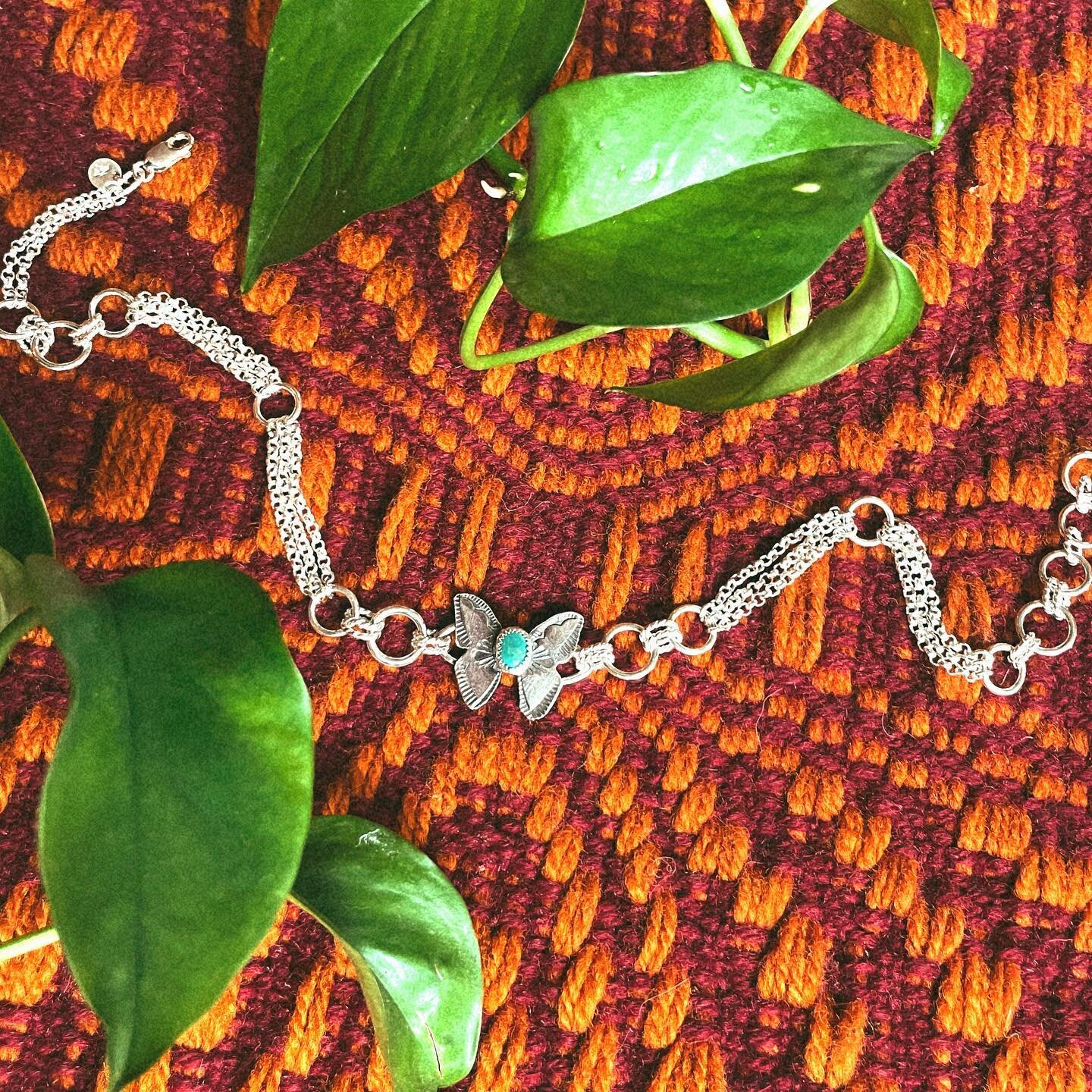 🦋 another butterfly choker 🦋
.
hand-sawn, hand-stamped sterling silver butterfly with a little kingman turquoise bod. butterfly chokers are a fun labor of love; this is the one in friday&rsquo;s shop update batch!