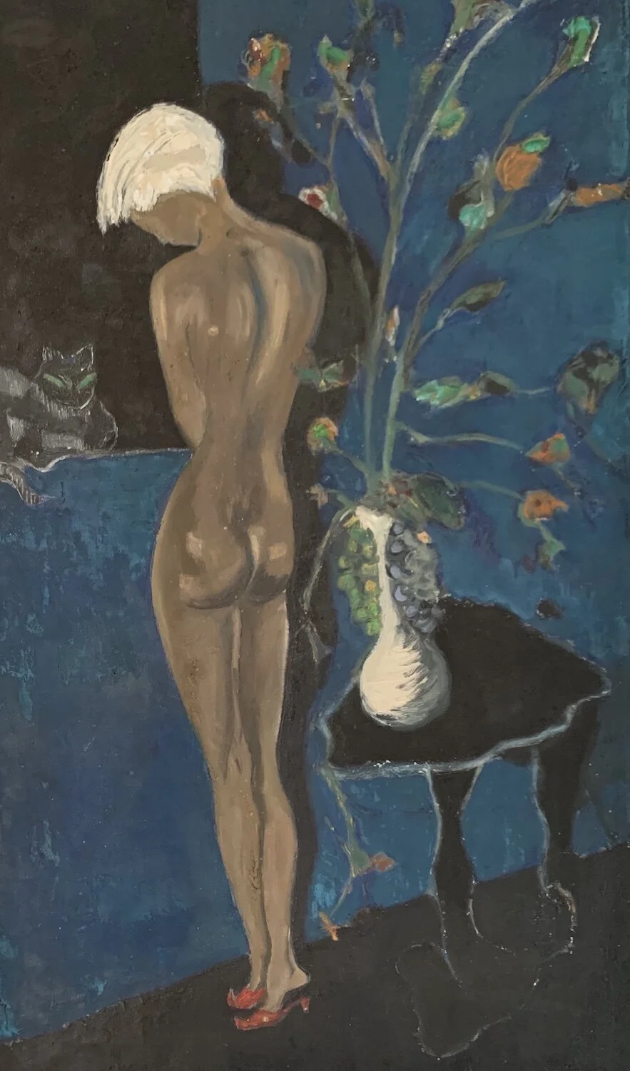 ..Nude with Cat and Red Slippers..