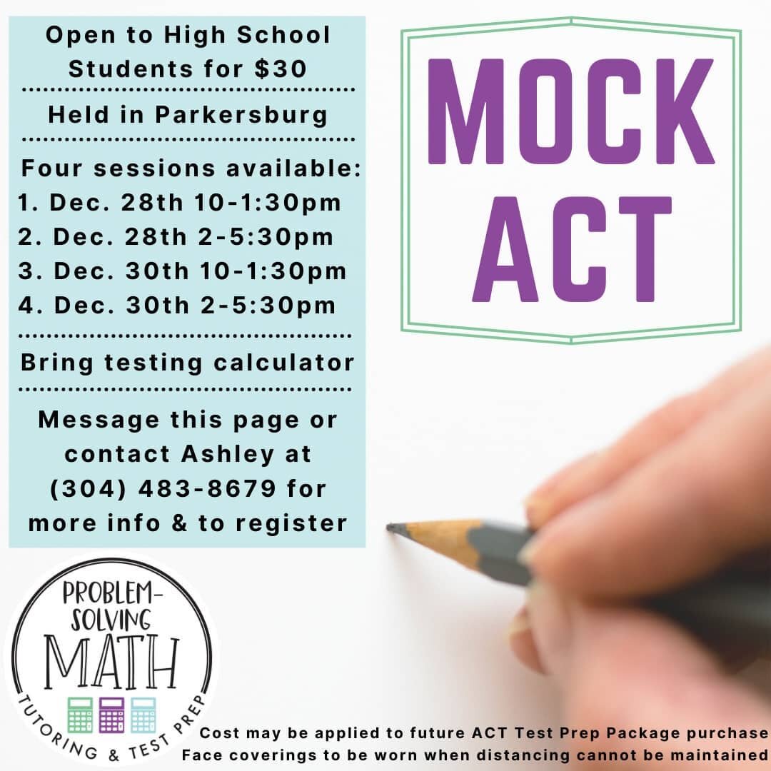 Come take a Mock ACT to have a baseline for spring test prep!&nbsp;✏️
A full-length timed practice test, score report, &amp; skill analysis are provided.
Text or leave a voicemail for Ashley at (304) 483-8679 📞