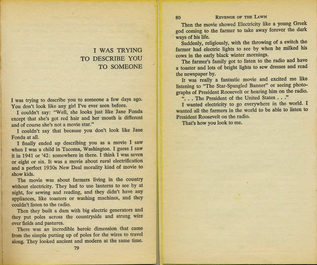 "I Was Trying To Describe You To Someone" by Richard Brautigan from Revenge of the Lawn, 1971.