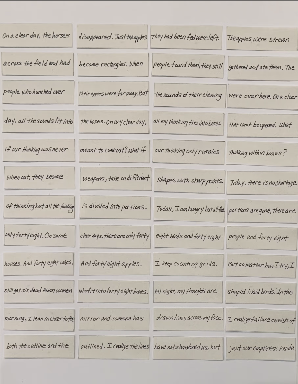 "On a Clear Day" by Victoria Chang in proper layout inspired by one of the
screenprints in Agnes Martin’s series of the same name,  as part of Poetry Project, MoMA, 2021.