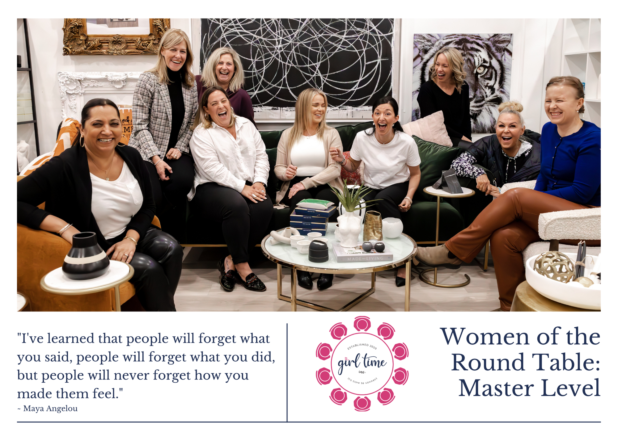 Group of women laughing and smiling in a cozy, modern living room with artwork and decorative items, gathered around a coffee table.