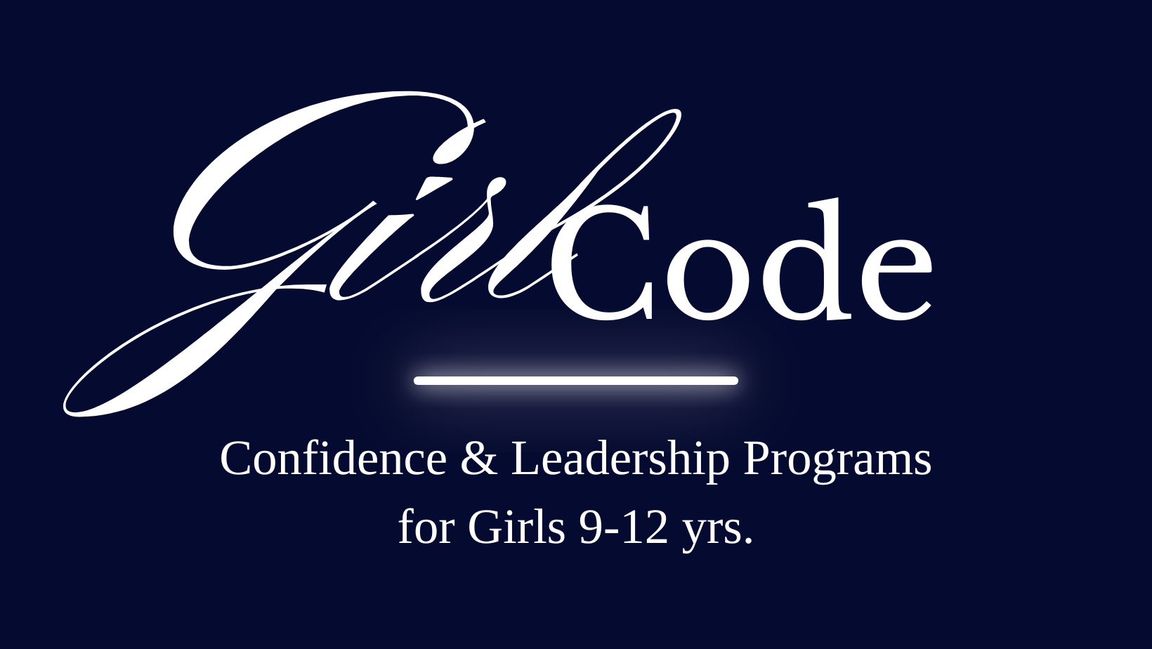 GivItCode logo with a dark blue background, illuminated underline, and text: Confidence & Leadership Programs for Girls 9-12 yrs.