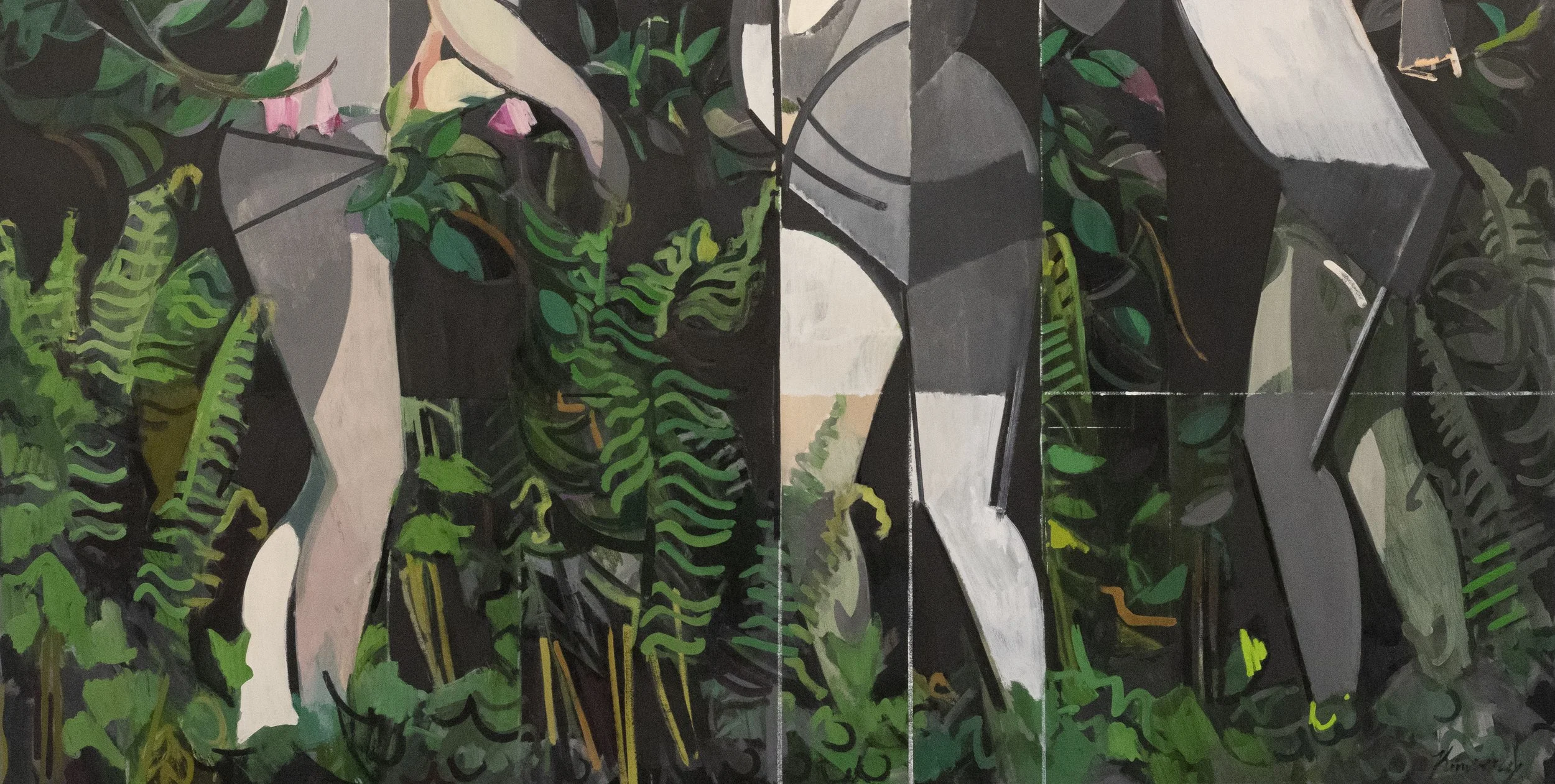 Camellia Walk, Oil on Paper on Panel, 48" x 96", 2020