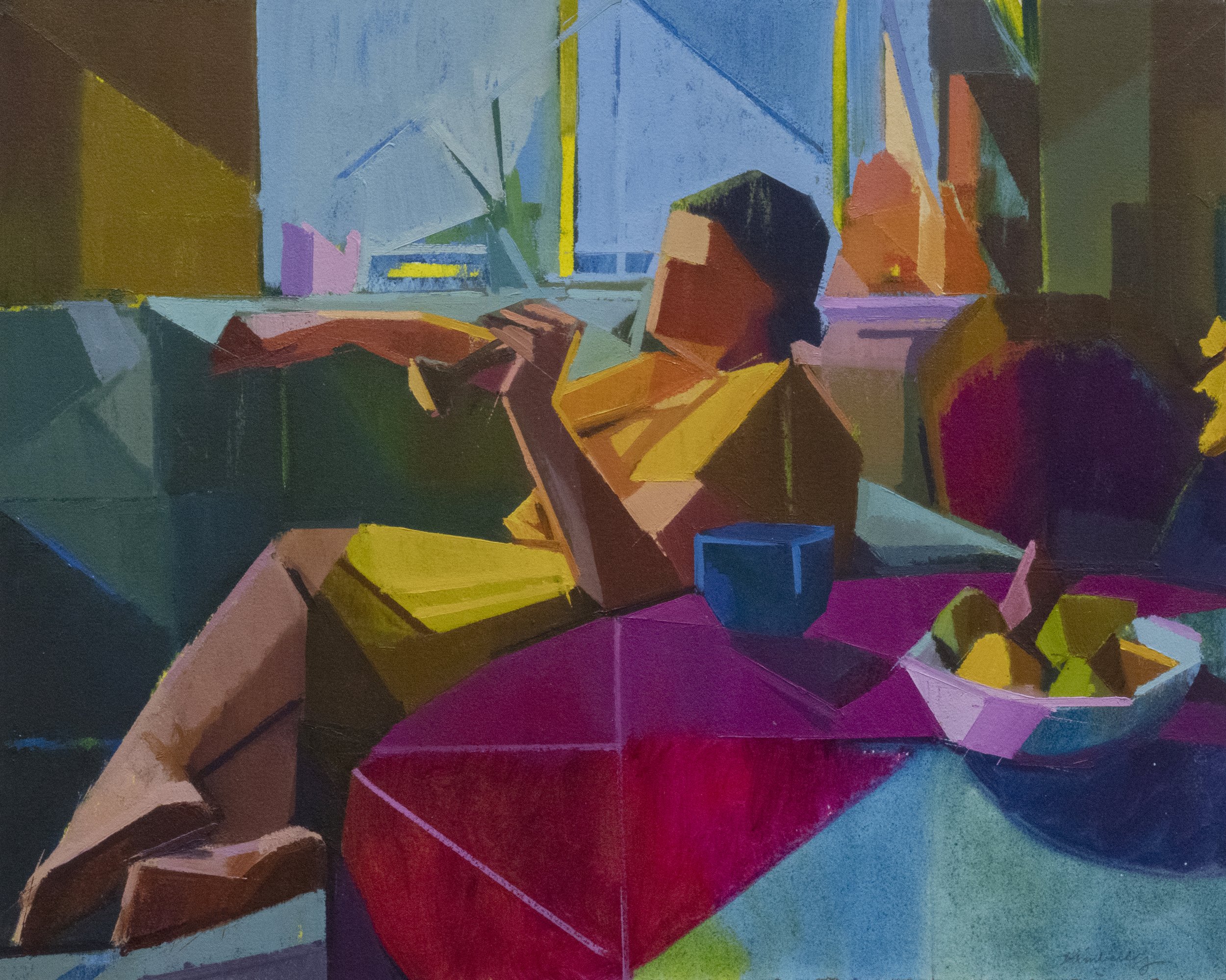 Triadic Figure in Interior, Oil on Paper on Panel, 16" x 20", 2023