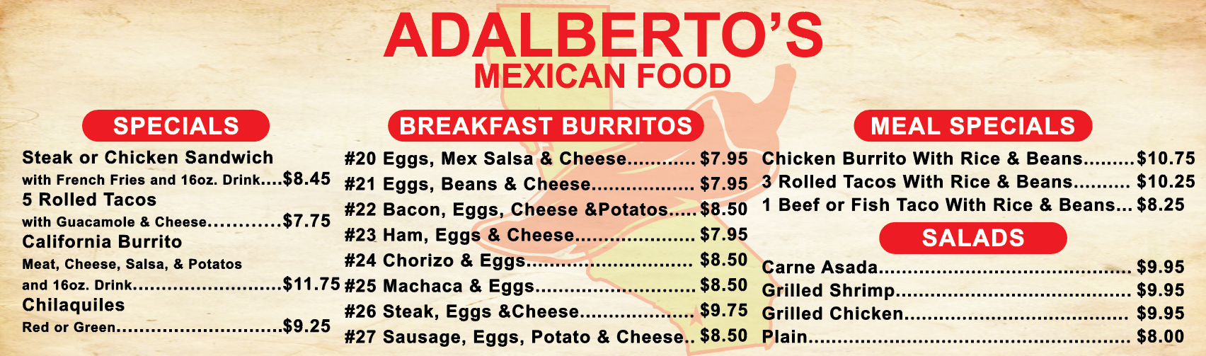 Menu — Adalberto's Mexican Food (Point Loma)