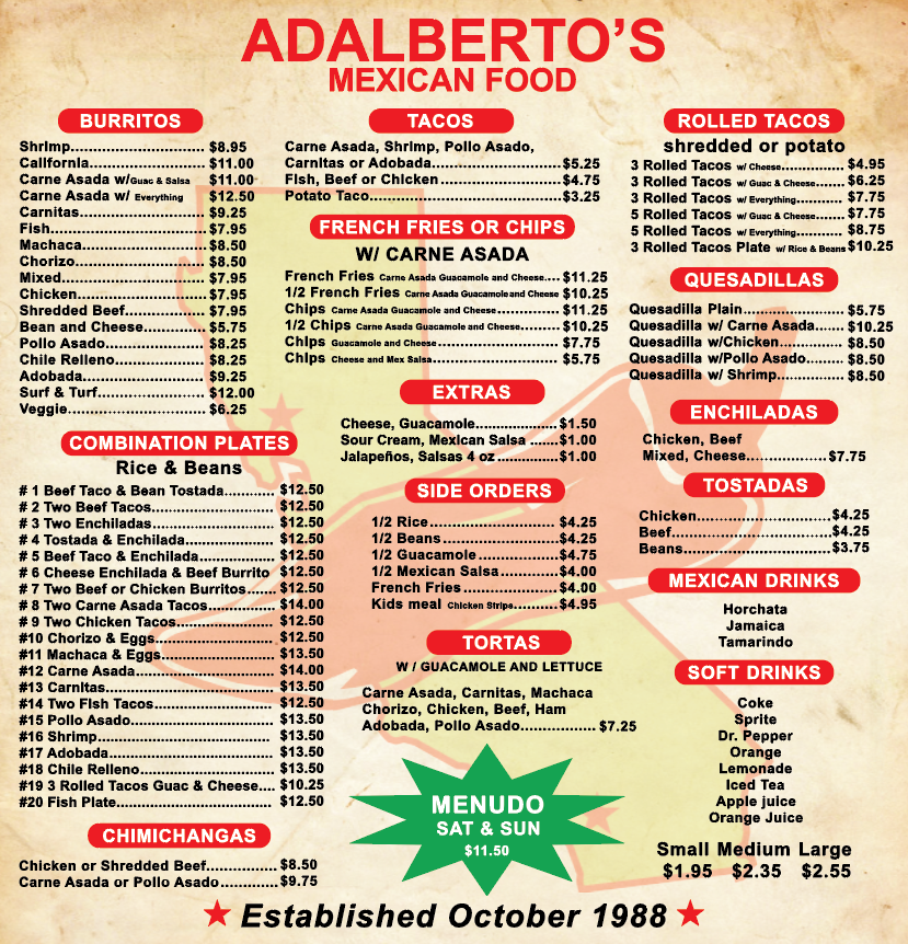 Menu — Adalberto's Mexican Food (Point Loma)