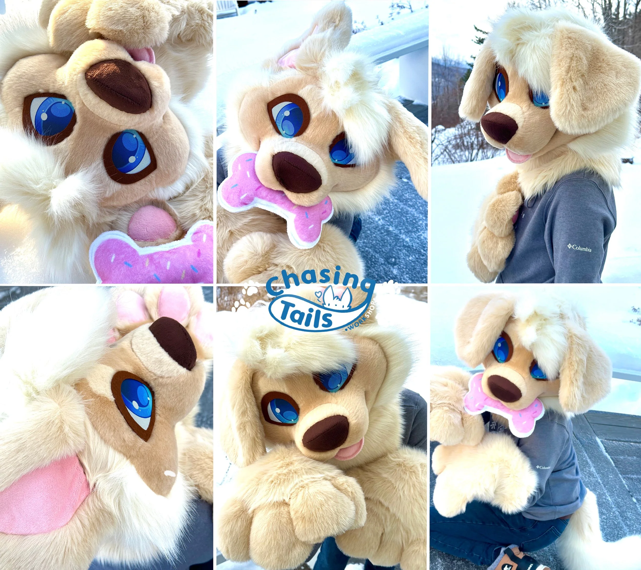 Photoshoot of a golden retriever premade fursuit for sale, designed and handmade by Chasing Tails Workshop. They're made of hand sculpted foam, 2D eyes and faux fur. Ready to ship, will arrive before your next furry convention!