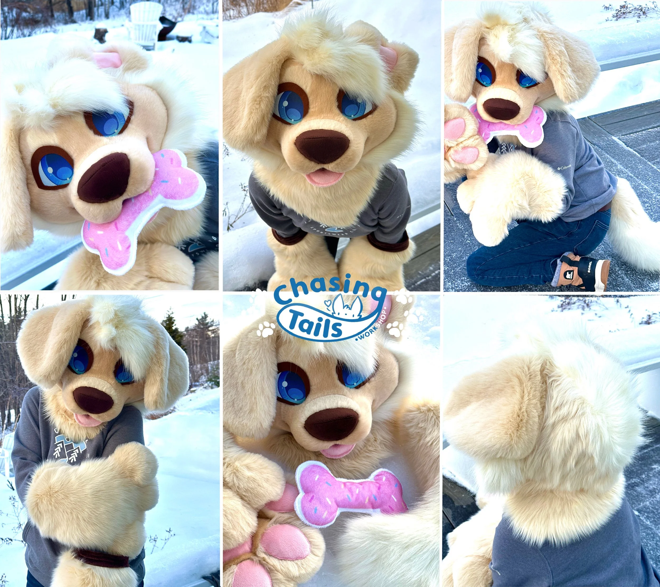 Photoshoot of a golden retriever premade fursuit for sale, designed and handmade by Chasing Tails Workshop. They're made of hand sculpted foam, 2D eyes and faux fur. Ready to ship, will arrive before your next furry convention!