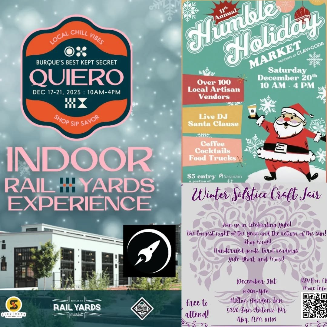 This week you can find us @railyardsmarket.abq Wednesday-Friday 10a-4p for their Quiero Indoor Market,
Saturday @humblecoffee for the Humble Holiday Market &amp;
Sunday at the Hilton Garden Inn for a Winter Solstice Market hosted by @deedevine.boutiq