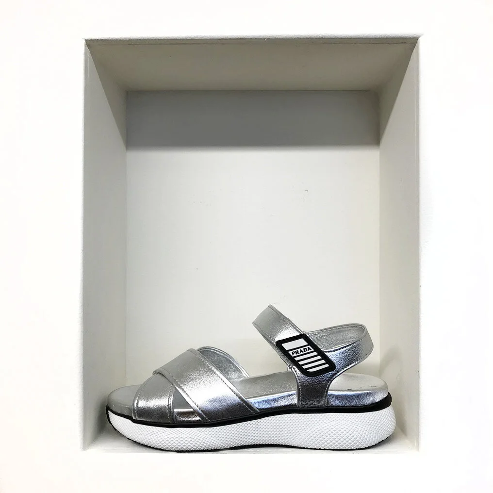 Prada Metallic Silver Leather Platforms Sandals 