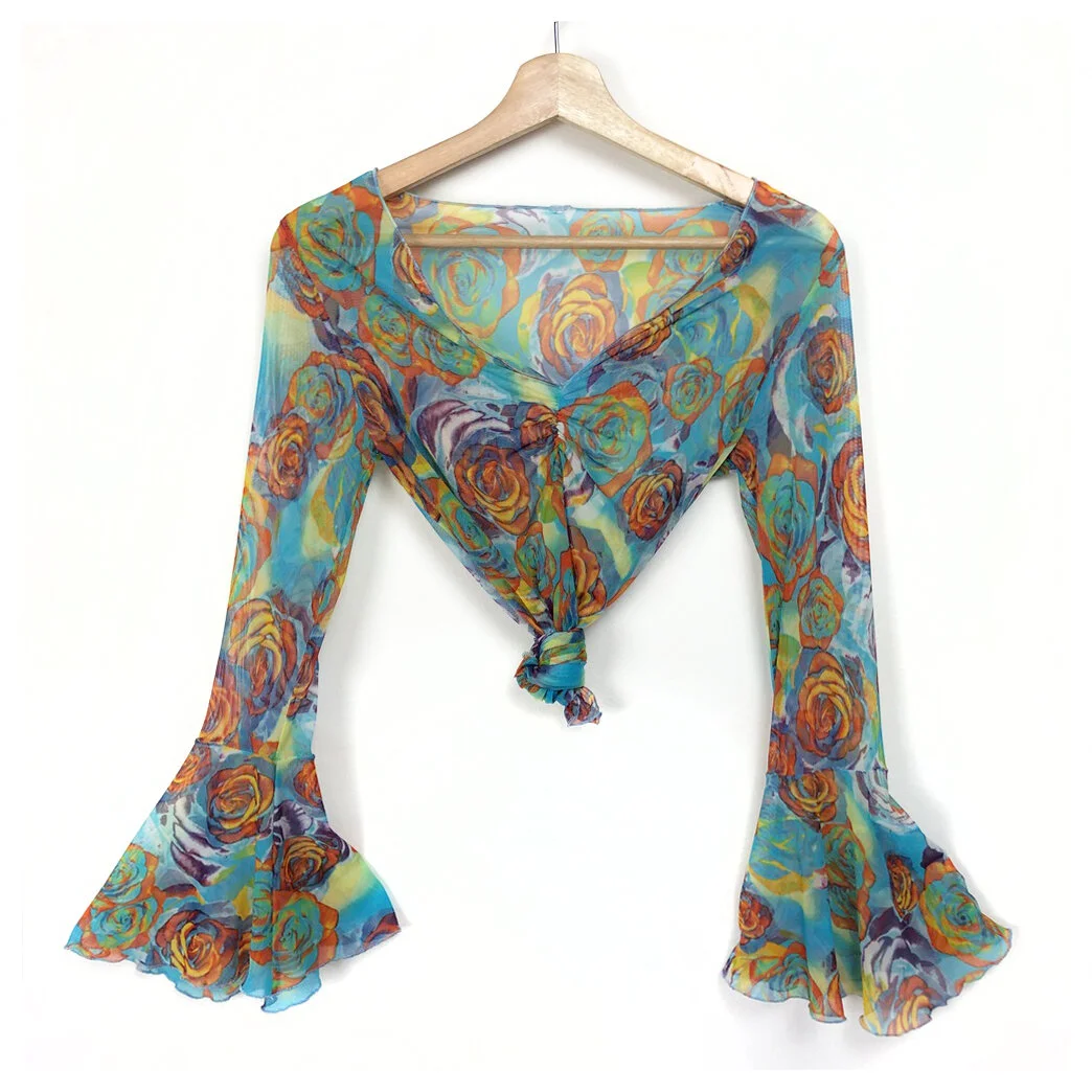90s Sheer Mesh Multicolored Rose Print Bell Sleeve Top