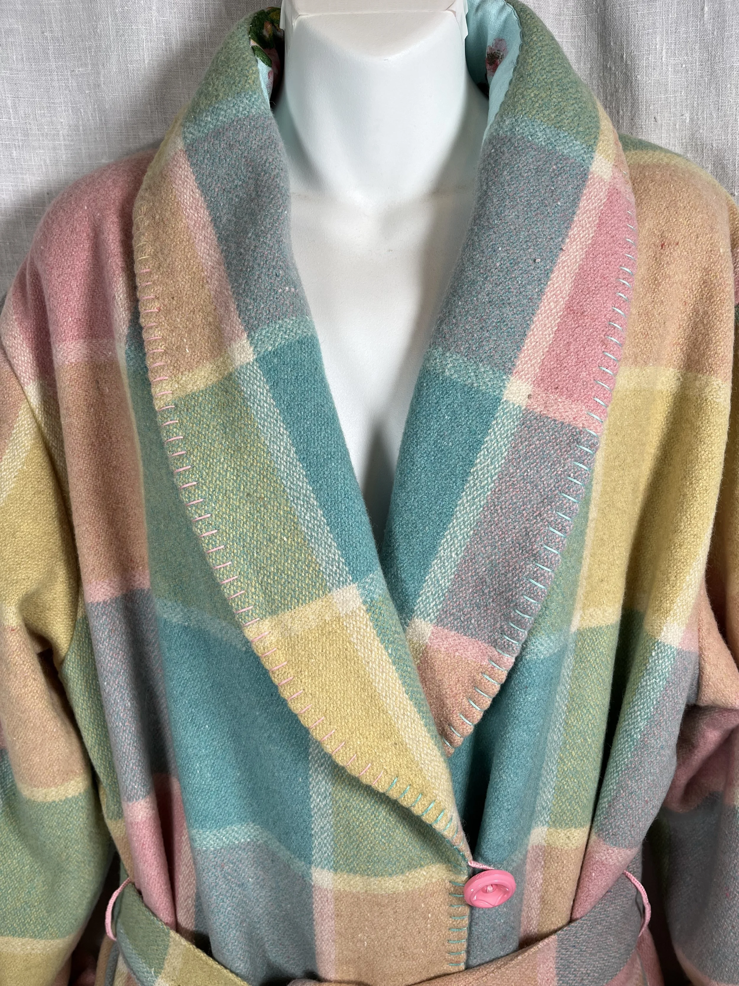 Aqua, Pink and Pale Yellow Wool Blanket Robe (Medium)