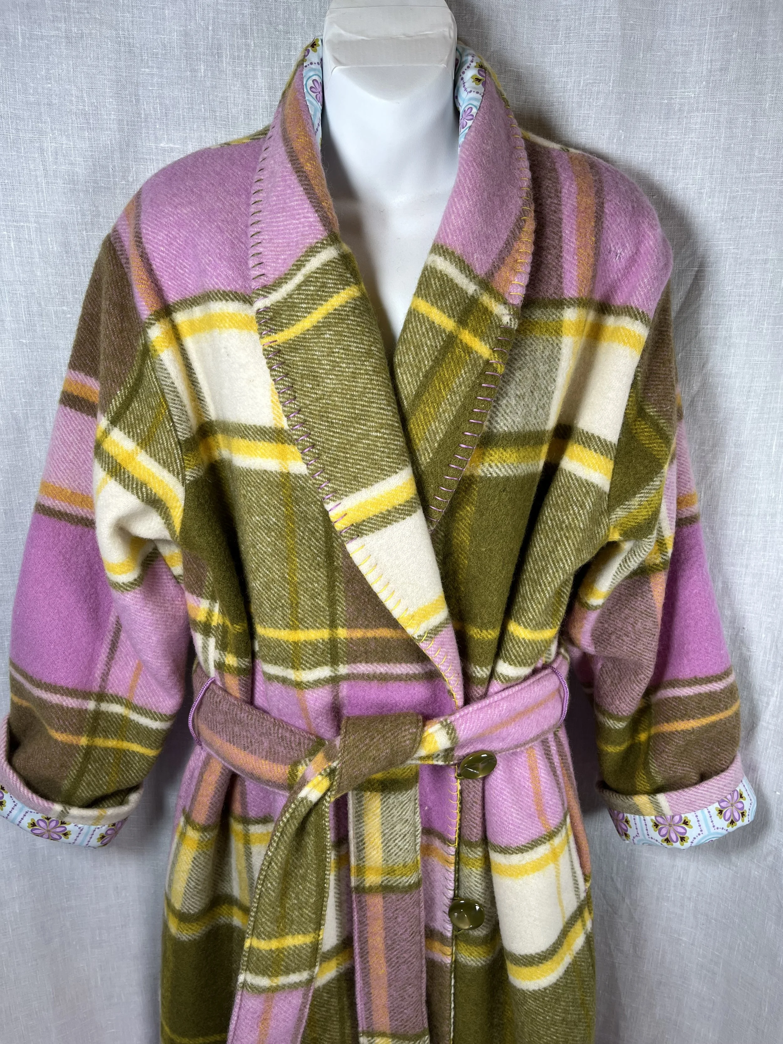 Olive Green/Mauve/Yellow/Cream Wool Blanket Dressing Gown/Robe (Small-slightly imperfect & Medium)