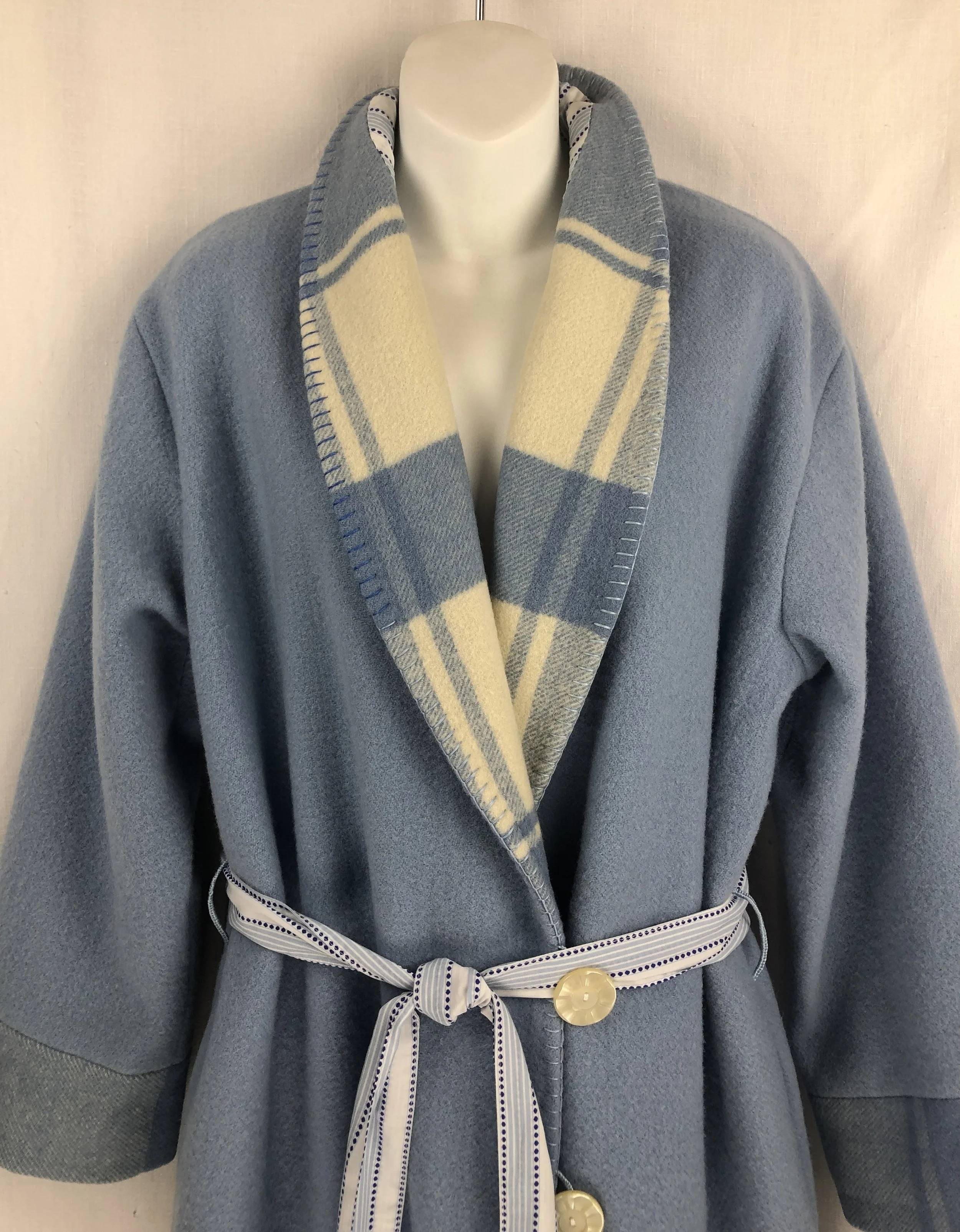A handmade wool dressing robe with matching belt