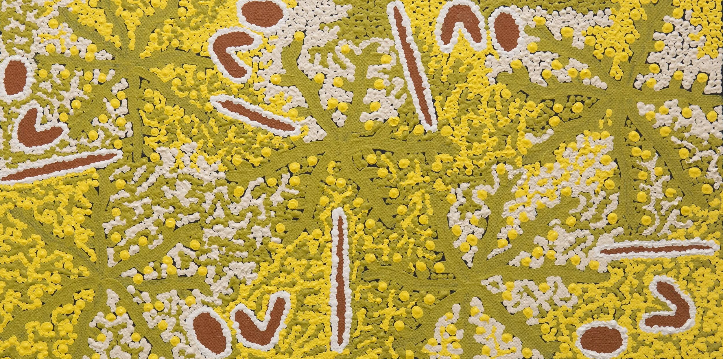 Isobelle Spencer Napaljarri  Bush Tucker,  #10453-19 310 x 610 mm, Acrylic on Linen  $220   Bush Tucker - we love to collect and eat it. We talk about where to find it, when to find it, all different ones - they all got special places, and special seasons, and special relationships with each other. We talk about all of that all the time. Bush Tucker is so good for us.   ENQUIRE