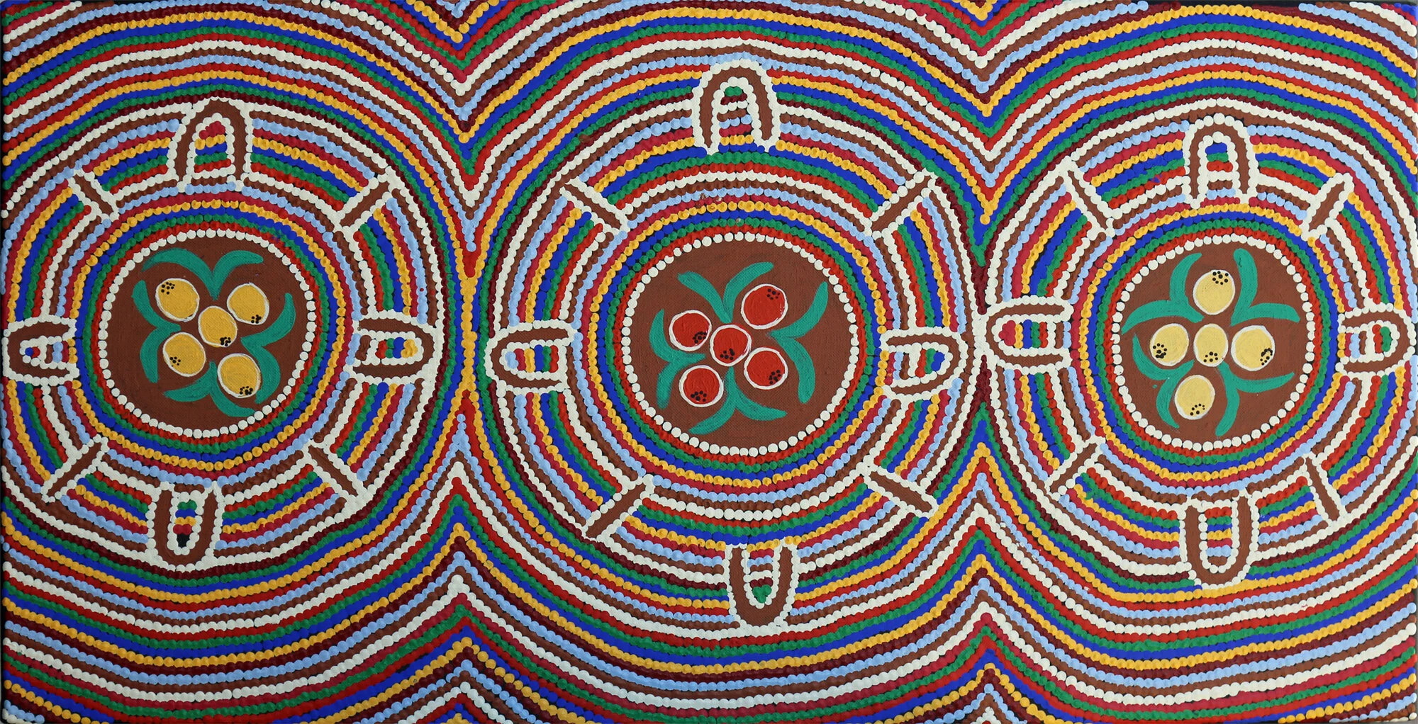 Marlene Wheeler   Bush Tucker , #10075-19  310 x 610 mm Acrylic on Linen   $220   ‘Bush Tucker - we love to collect and eat it. We talk about where to find it, when to find it, all different ones - they all got special places, and special seasons, and special relationships with each other. We talk about all of that all the time. Bush Tucker is so good for us.’   ENQUIRE