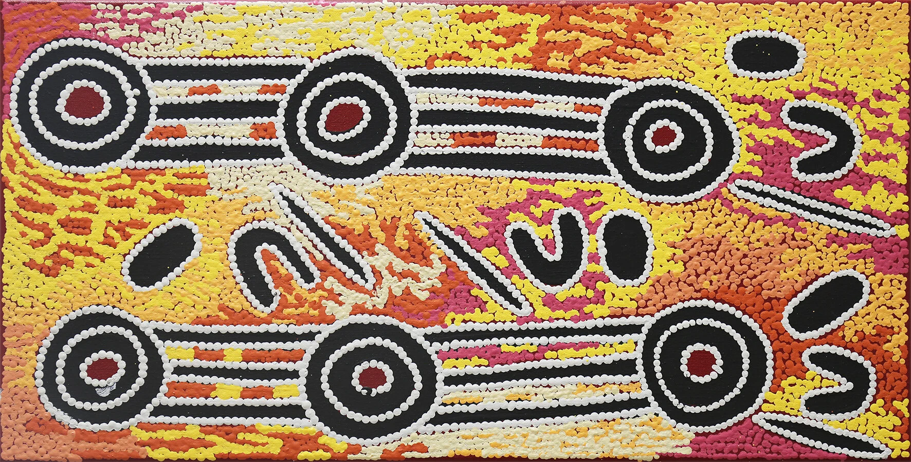 Isobelle Spencer Napaljarri   Yankirri Jukurrpa,  #10985-20  310 x 610 mm Acrylic on Linen   $220   This painting is about Ngarlikurlangu, north of Yuendumu, an important site on the path of the Yankirri Jukurrpa, (Emu Dreaming). The Yankirri travelled to the rockhole at Ngarlikurlangu to find water. This Jukurrpa belongs men from the Jangala/Jampijinpa sections, who marry women from the Nungarrayi/Napaljarri sections, and women from the Nangala/Nampijinpa sections, who marry men from the Jungarrayi/Japaljarri. In contemporary Warlpiri paintings traditional iconography is used to represent the Jukurrpa, associated sites and other elements. Emus are usually represented by their wirliya (footprints), that show them walking around Ngarlikurlangu eating Yakajirri (bush raisin). In the time of the Jukurrpa there was a fight at Ngarlikiurlangu between a Yankirri Ancestor and Wardilyka (Australian Bustard) Ancestors over sharing the yakajirri found there. There is an important dance for this Jukurrpa that is performed during initiation ceremonies.   ENQUIRE