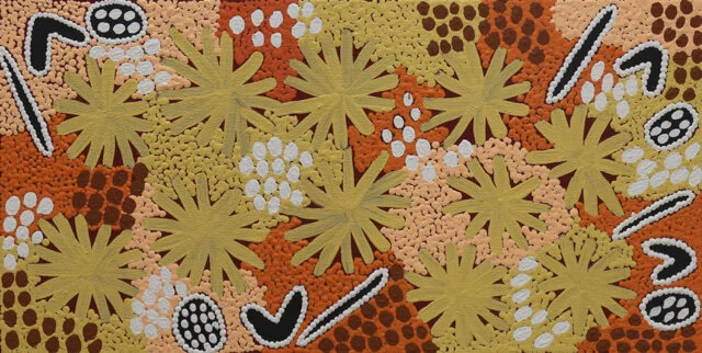 Isobelle Spencer Napaljarri   Yarla Jukurrpa [Yam Dreaming],  #10757-20  310 x 610 mm Acrylic on Linen   $220   Isobelle has painted women with their digging sticks, searching for yams, sharing their knowledge about them as they search for this important bush tucker.  For Warlpiri people, the Jukurrpa about the Big Yam and the Small Yam, the Yarla and the Wapirti, is a significant Ancestral narrative that reveals the importance of sustainability and harmony between people. In the Ancestor story, two brothers owned the different ancestral rights for the Yarla [Big Yam] and the Wapirti [Small Yam]. As they moved towards each other from each of their sites, their followers clashed in huge fight, leading to loss of life and destruction. The story is played out by Warlpiri people and it sits in their culture as a reminder of the importance of the yam as a food resource that needs to be managed fairly and shared to maintain social cohesion.&nbsp; Jukurrpa narratives are embedded in ceremony and song.   ENQUIRE