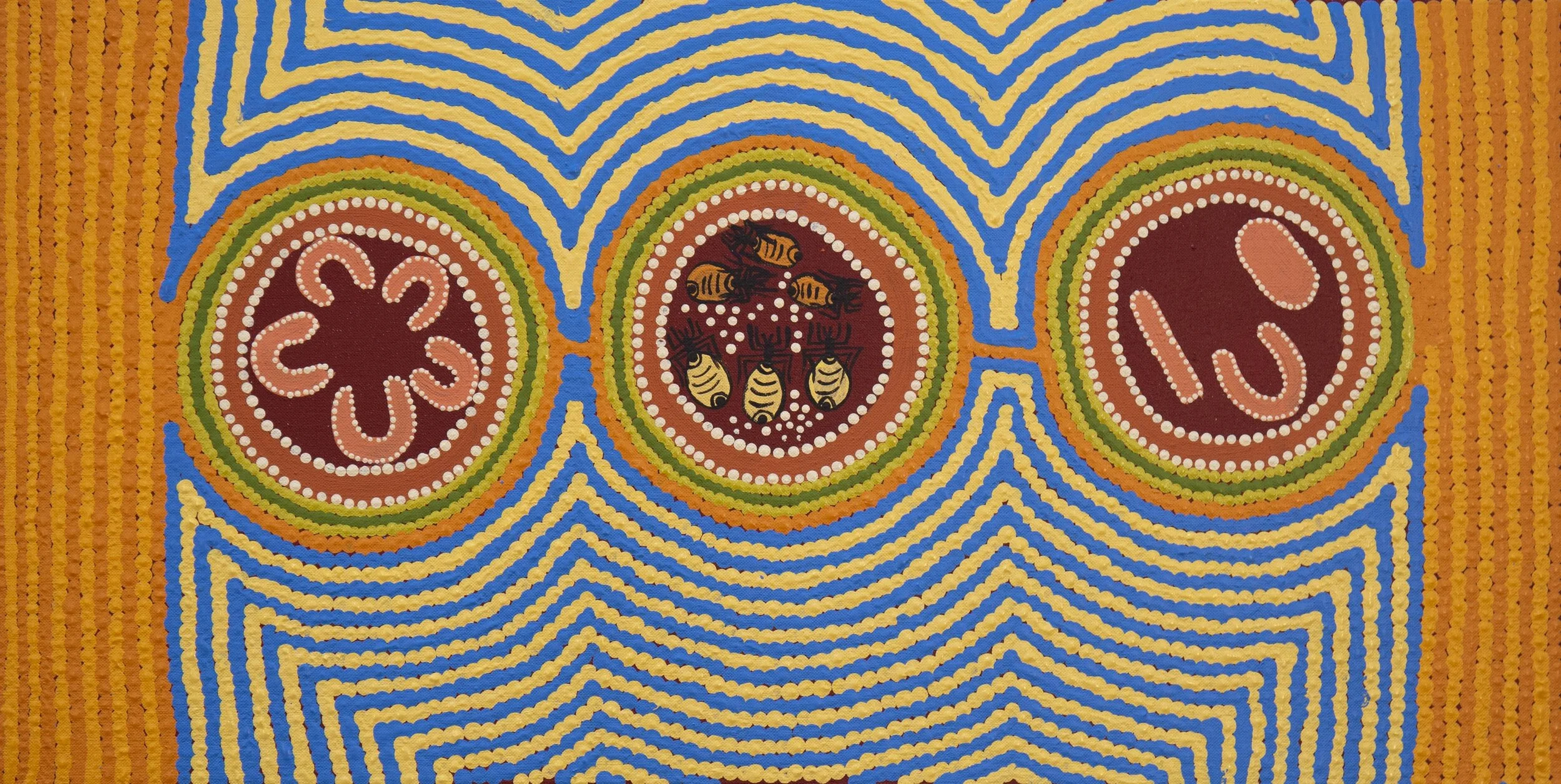    Sadie Clare Richards   Digging for Honey Ants,  #10690-20  310 x 610 mm Acrylic on Linen   $220   In this painting, old lady teaching her grandkids how to track honey ants, and then dig for them.   ENQUIRE