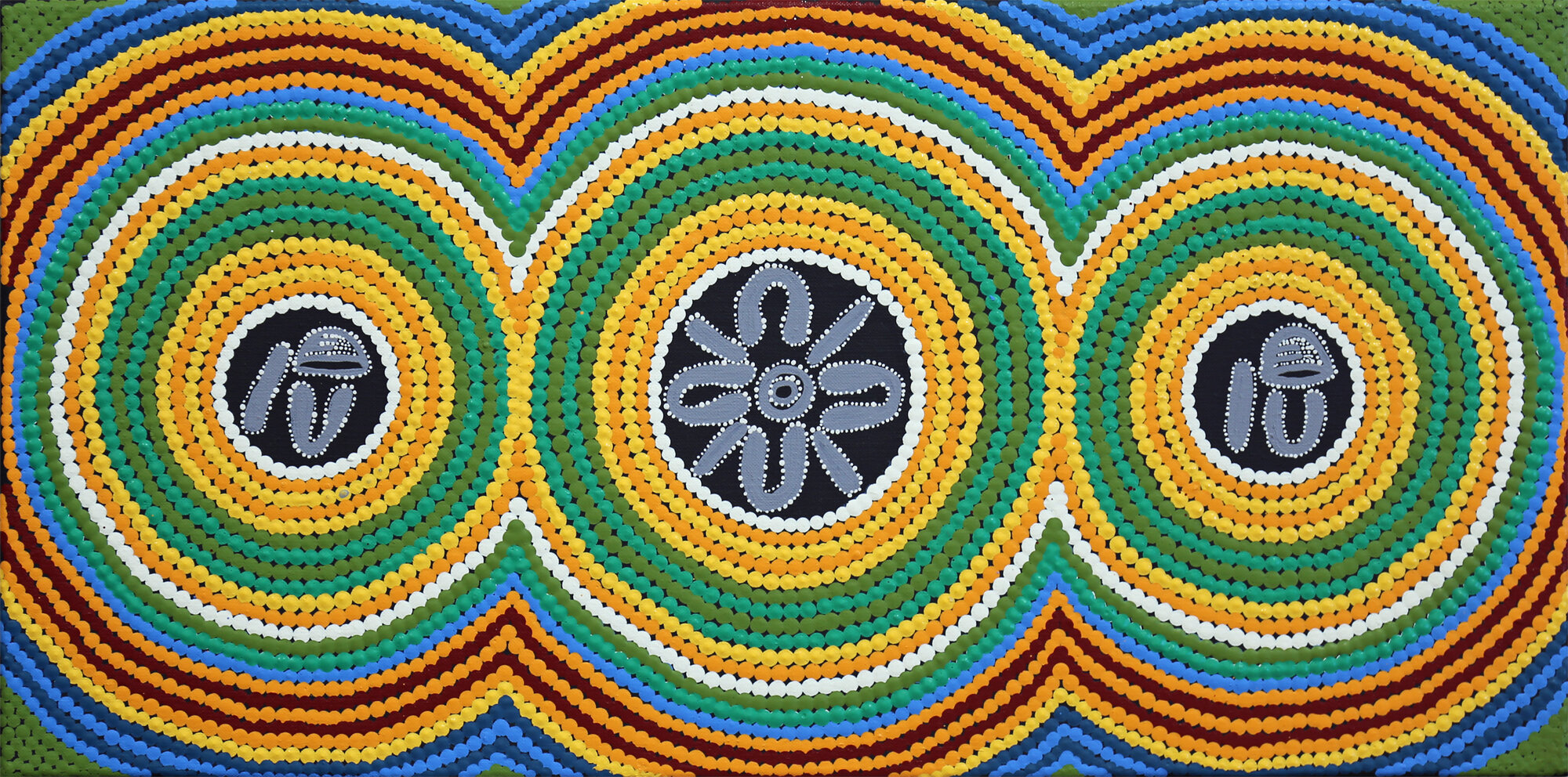 Sarah Lee Robinson   Women Collecting Bush Tucker,  #10111-19  280 x 555 mm Acrylic on Linen   $220   This painting is about women talking about collecting bush tucker - where the best places are and the best times - All the women sit with their digging sticks around the hearth to talk about these aspects of collecting bush tucker.   ENQUIRE