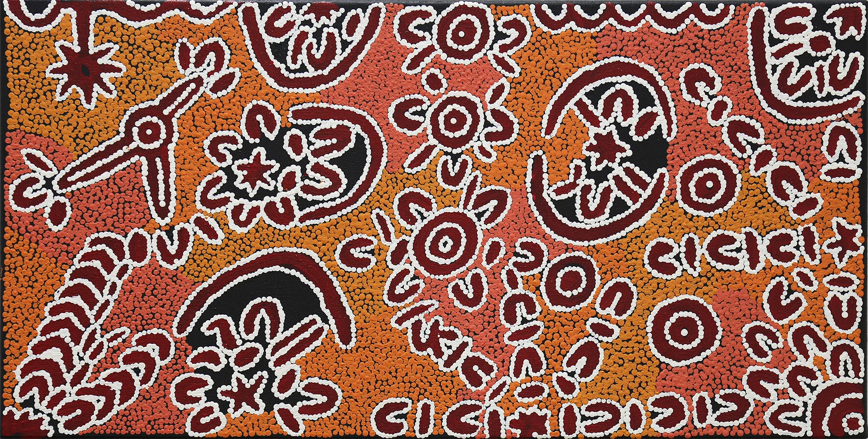Maryanne Ragget   Ceremony at M'Bunghara , #11102-20  310 x 610 mm Acrylic on Linen   $220   This is Ceremony on M’Bunghara Creek. The country of M’Bunghara is depicted as a combination of creek and open desert. Maryanne’s ‘landscape’ is scattered with humpies, with people [indicated by U shapes] sitting down around fires [circles surrounded by U shapes], performing Ceremony. This Ceremony is open to all – men, women and children participating.   ENQUIRE