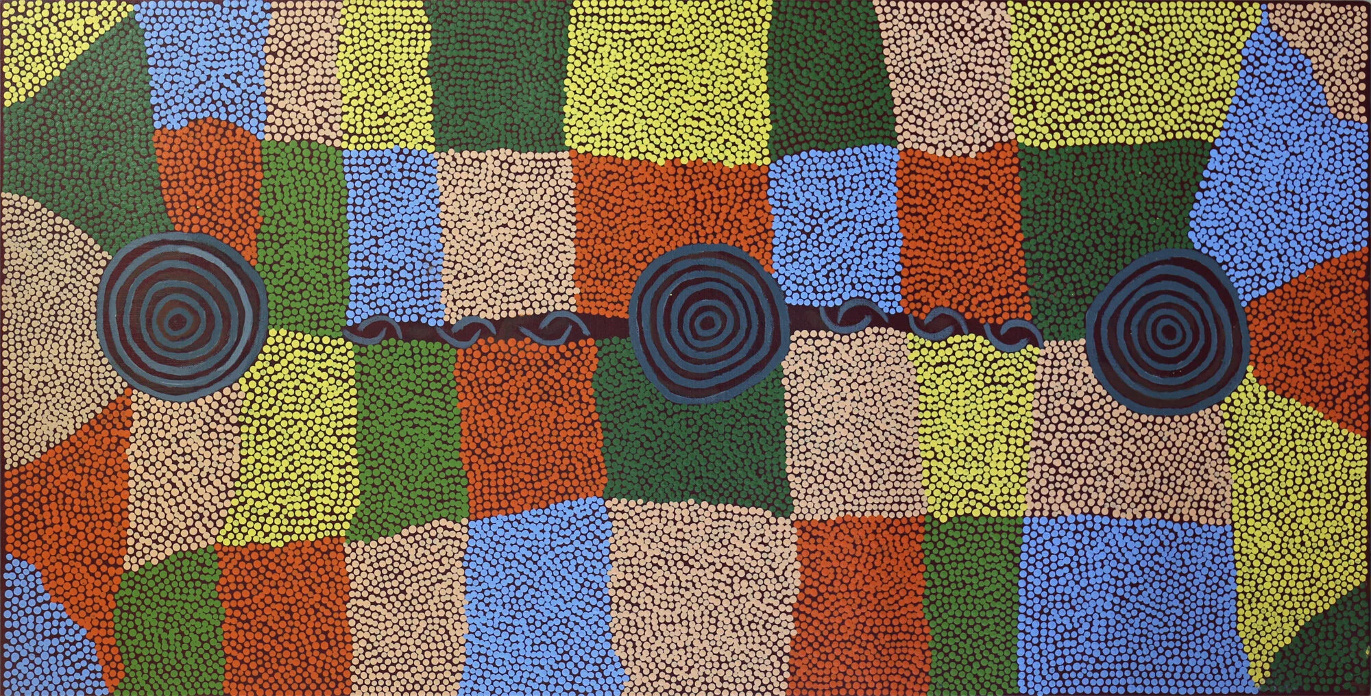 Kelly Pereroultja  Maku Tjukurrpa, #9667-18  460 x 900 mm Acrylic on Linen   $400   This painting is about Maku Tjukurrpa or Witchetty Grub Dreaming at Palm Valley just near Ntaria or Hermannsburg. There are three caves there represented by the three concentric circles.   ENQUIRE