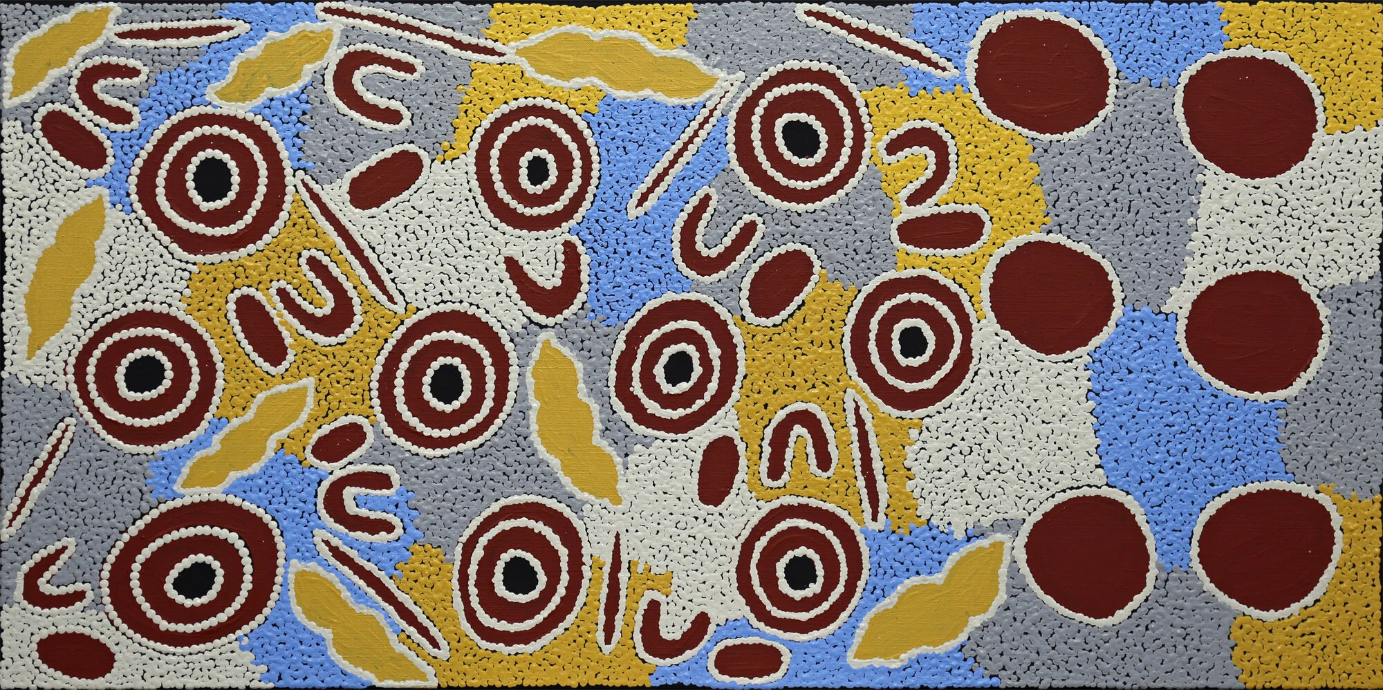 Isobelle Spencer Napaljarri  Yarla Jukurrpa, #10196-19  445 x 890 mm Acrylic on Linen   $400   Isobelle has painted women with their digging sticks, searching for yams, sharing their knowledge about them as they search for this important bush tucker.   ENQUIRE