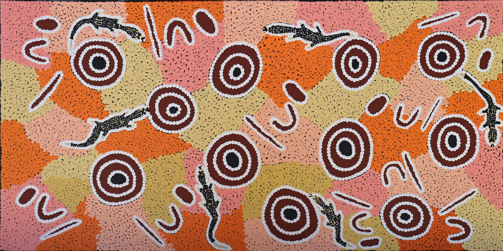 Isobelle Spencer Napaljarri  Wardapi Jukurrpa, #9422-18  450 x 900 mm Acrylic on Linen   $400   'This painting is about the way women hunt Wardapi – that sand goanna. He digs holes in the dunes, makes his nest deep inside. Many of the holes all join up. Women hunt Wardapi in the dunes by digging out the holes. Sometimes cover one, and Wardapi runs out other one. Need to hunt him together. Find all the holes. Dig them at the same time. Someone going to get him that way.’   ENQUIRE