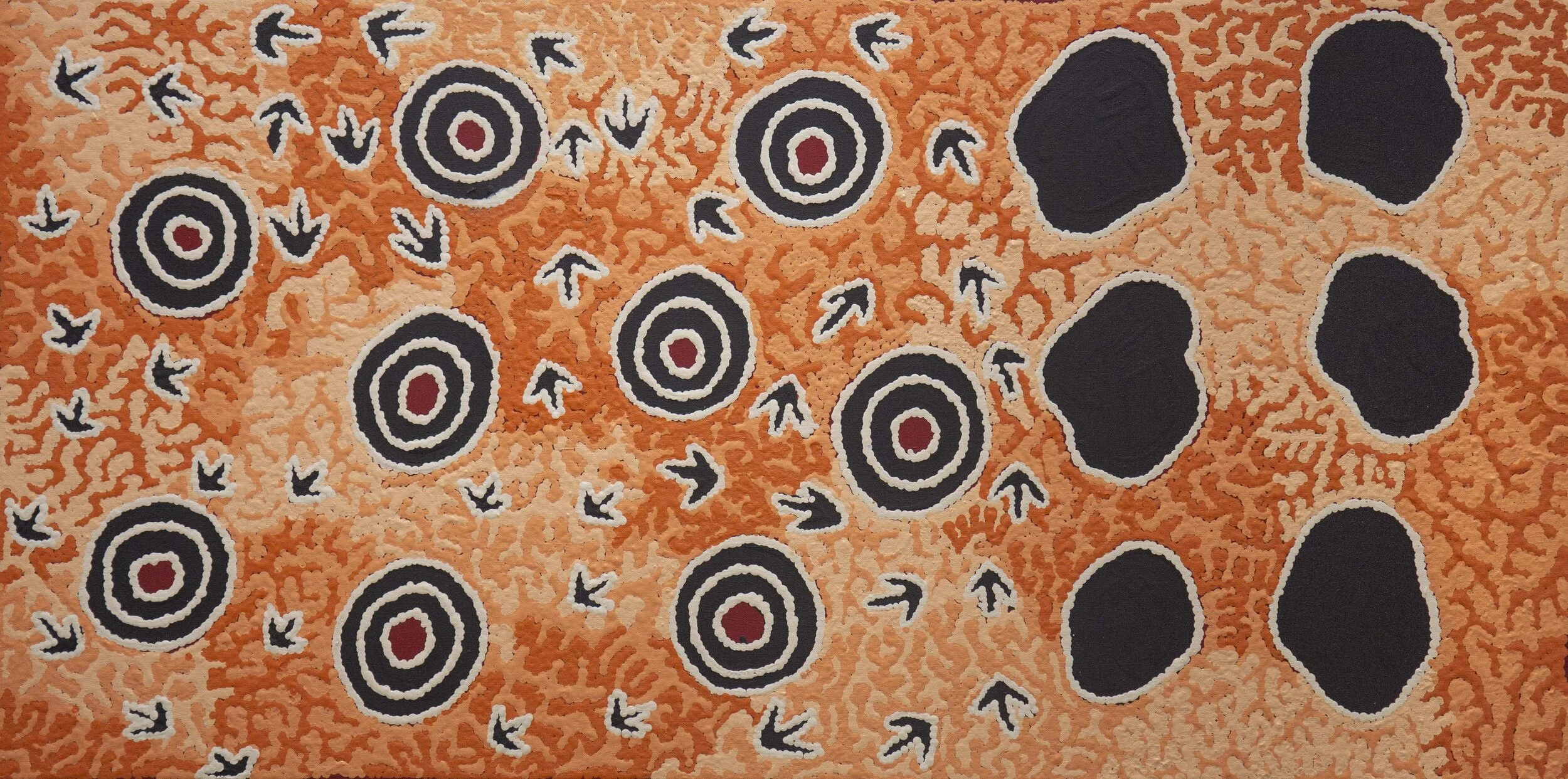 Isobelle Spencer Napaljarri  Yankirri Jukurrpa, #10719-20  900 x 450 mm Acrylic on Linen   $400   This painting is about Ngarlikurlangu, north of Yuendumu, an important site on the path of the Yankirri Jukurrpa, (Emu Dreaming). The Yankirri travelled to the rockhole at Ngarlikurlangu to find water. This Jukurrpa belongs men from the Jangala/Jampijinpa sections, who marry women from the Nungarrayi/Napaljarri sections, and women from the Nangala/Nampijinpa sections, who marry men from the Jungarrayi/Japaljarri. In contemporary Warlpiri paintings traditional iconography is used to represent the Jukurrpa, associated sites and other elements. Emus are usually represented by their wirliya (footprints), that show them walking around Ngarlikurlangu eating Yakajirri (bush raisin). In the time of the Jukurrpa there was a fight at Ngarlikiurlangu between a Yankirri Ancestor and Wardilyka (Australian Bustard) Ancestors over sharing the yakajirri found there. There is an important dance for this Jukurrpa that is performed during initiation ceremonies.   ENQUIRE