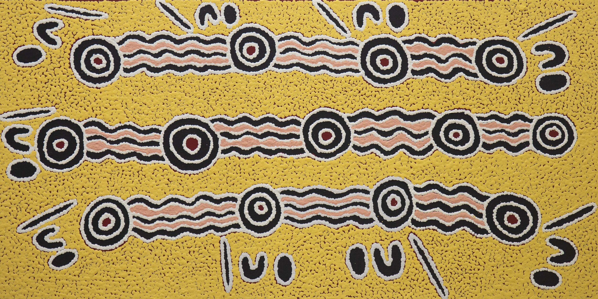 Isobelle Spencer Napaljarri  Wardapi Jukurrpa, #10704-20  900 x 450 mm Acrylic on Linen   $400   ‘This painting is about the way women hunt Wardapi – that sand goanna. He digs holes in the dunes, makes his nest deep inside. Many of the holes all join up. Women hunt Wardapi in the dunes by digging out the holes. Sometimes cover one, and Wardapi runs out other one. Need to hunt him together. Find all the holes. Dig them at the same time. Someone going to get him that way.’   ENQUIRE