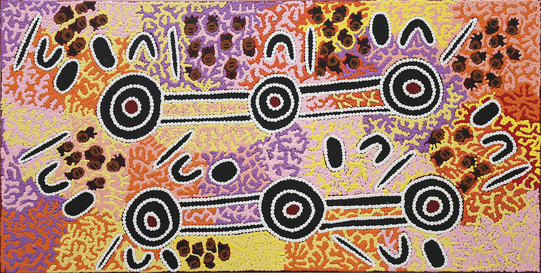 Isobelle Spencer Napaljarri  Women Digging for Honey Ants, #11070-20  450 x 890 mm Acrylic on Linen   $400   Women digging for Honey Ants. Honey Ants hang from the ceiling of chambers their family dig out of the earth. The tunnels into the chambers are long and complex. That means the Honey Ants have to be tracked, and then the women use informed guesswork based on experience to decide where to dig. The process can take hours of very hard work, but the ladies are always completely rewarded when they find those delicious ants whose abdomens are full of sweet honey.   ENQUIRE