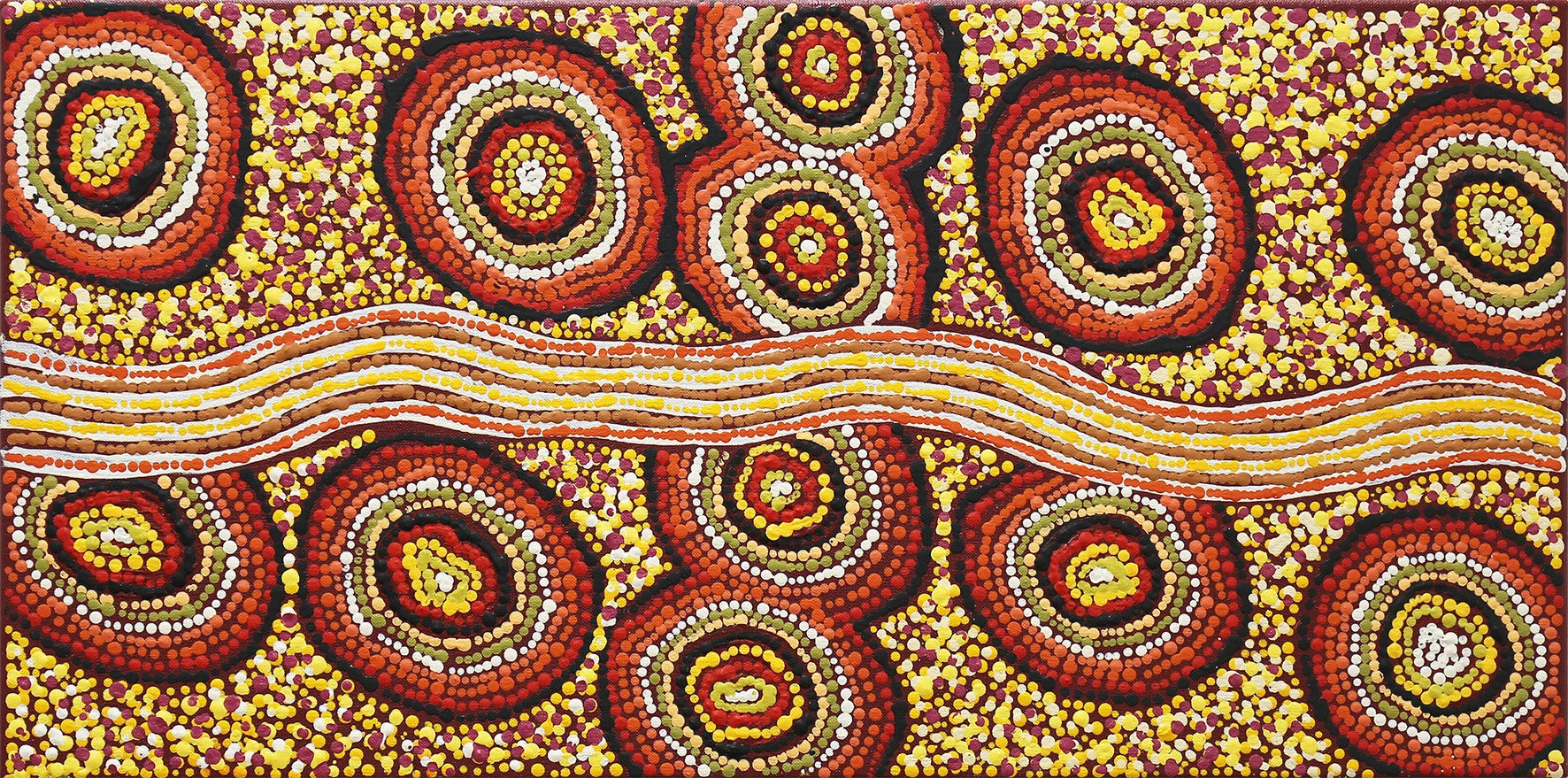 Melinda Nampitjinpa Major Tali Tjukurrpa, #11140-20 310 x 610 mm Acrylic on Linen  $220   Tali Tjukurrpa [sand dune dreaming] near Namurru, my grandfather's Country near Desert Bore north of Kintore.   ENQUIRE