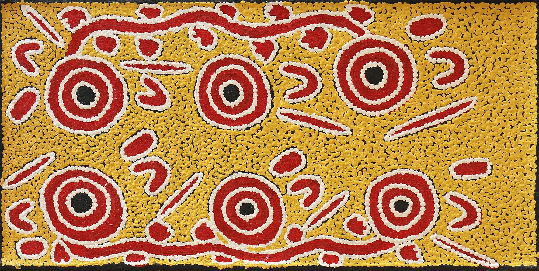 Isobelle Spencer Napaljarri Wardapi Jukurrpa ,  #9912-19 305 x 610 mm Acrylic on Linen  $220   'This painting is about the way women hunt Wardapi – that sand goanna. He digs holes in the dunes, makes his nest deep inside. Many of the holes all join up. Women hunt Wardapi in the dunes by digging out the holes. Sometimes cover one, and Wardapi runs out other one. Need to hunt him together. Find all the holes. Dig them at the same time. Someone going to get him that way.’   ENQUIRE