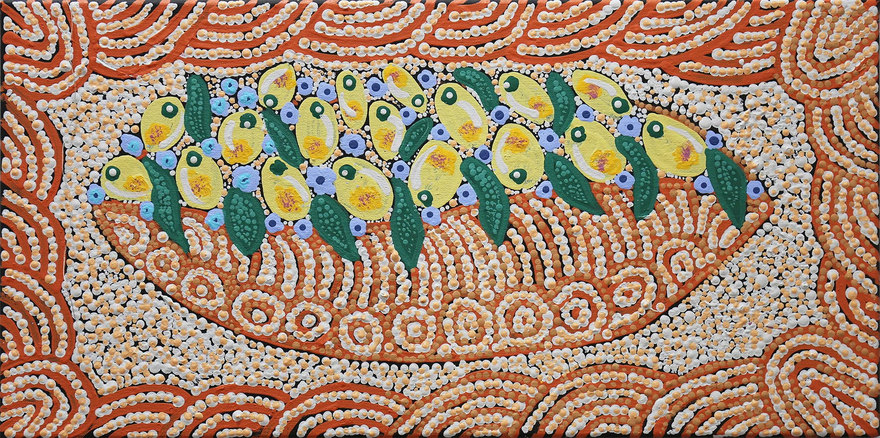 Isobelle Spencer Napaljarri Akatjirri in Kanilpa ,  #11159-20 305 x 610 mm Acrylic on Linen  $220   Akatjirri, woman carry bush tomatoes on their heads in Kanilpa [wooden dish]. Kanilpa full of wild flower and sweet bush tomatoes.   ENQUIRE