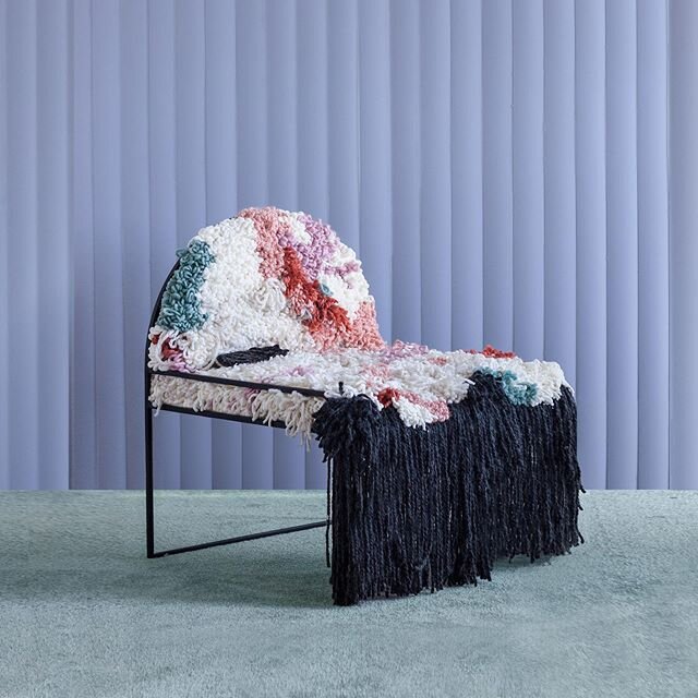 EYE CANDY &bull; SW Fluffy Chair in custom hand-woven yarn by @soft.geometry. Each woven seat composition is abstract and unique. &ldquo;The fluffy chair invites the customer to participate in the design process of creating the personality of the cha