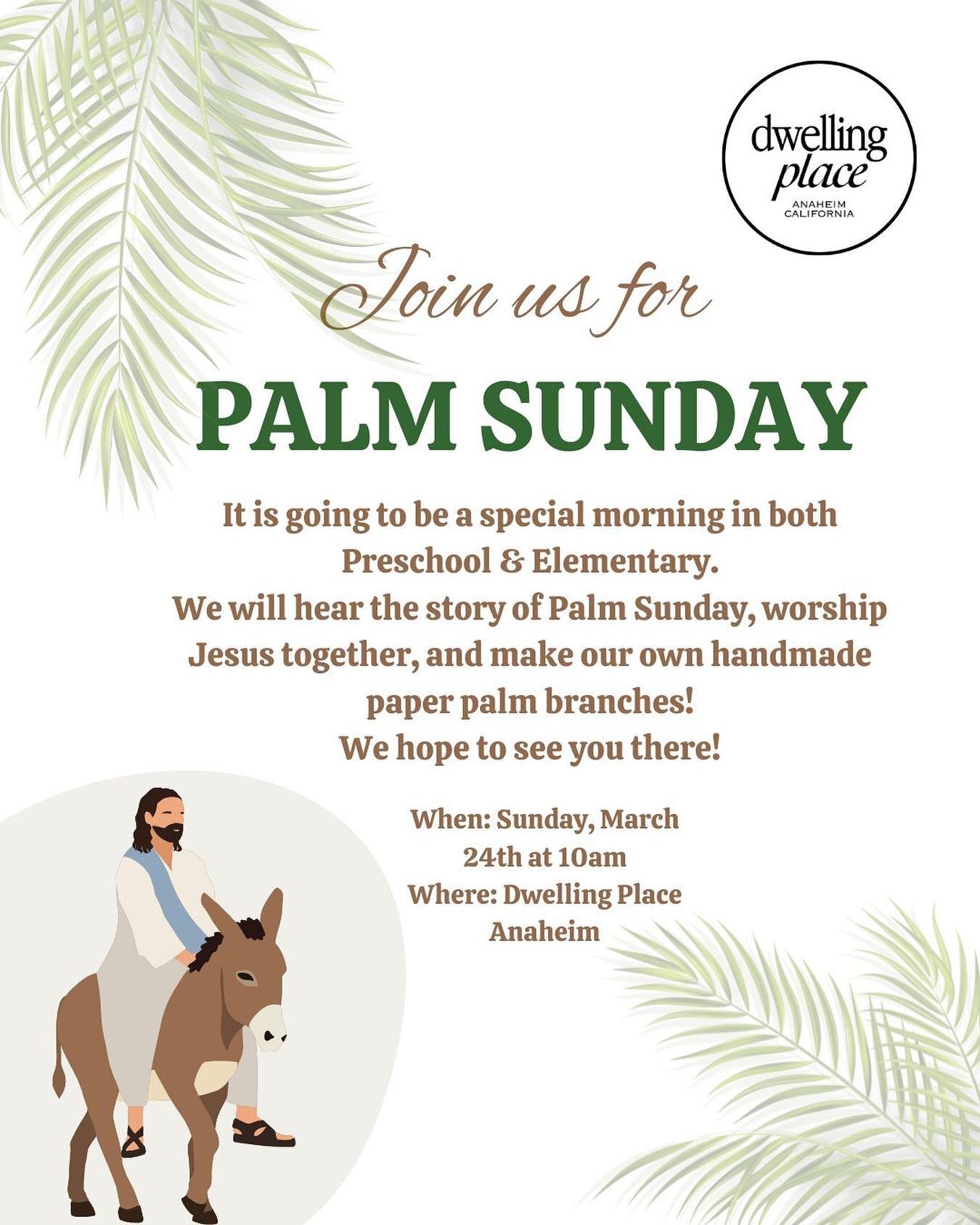 This Sunday is Palm Sunday!!! 🌿🫏
We are so excited to dive into the story of Jesus&rsquo; triumphal entry, worship Jesus together, and enjoy some fun Palm Sunday themed crafts! 🌿🫏

We hope you will join us! ✨ 

Dwelling Place Anaheim 
Family Chec